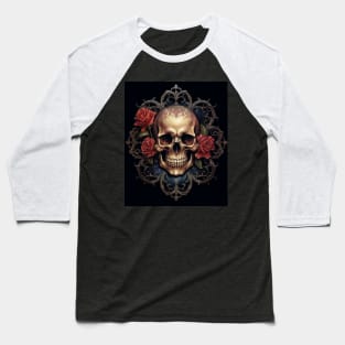 Eternal Beauty: Skull and Rose Illustration in Rococo Realms Baseball T-Shirt